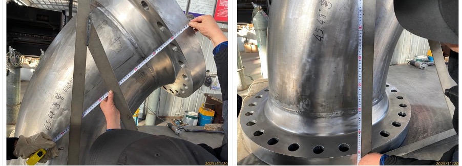 Measurement of industrial flanged elbow during inspection